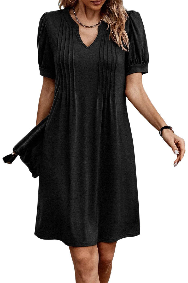 Black Notched Neck Puff Sleeve Pleated