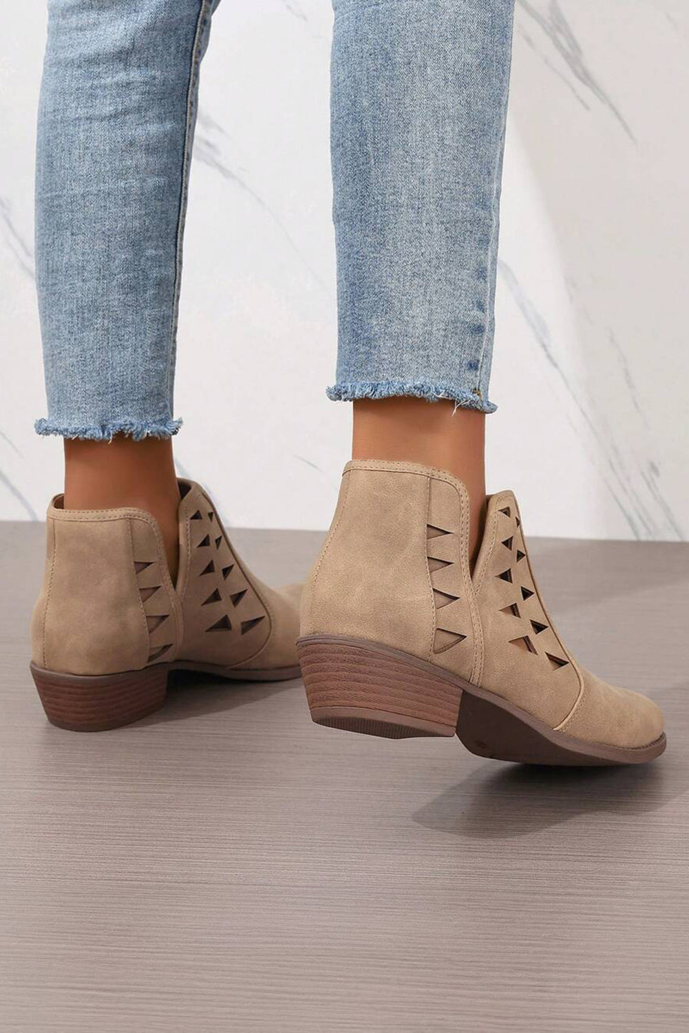 Parchment Cut Out Suede Pointed Toe Heeled Ankle Boots