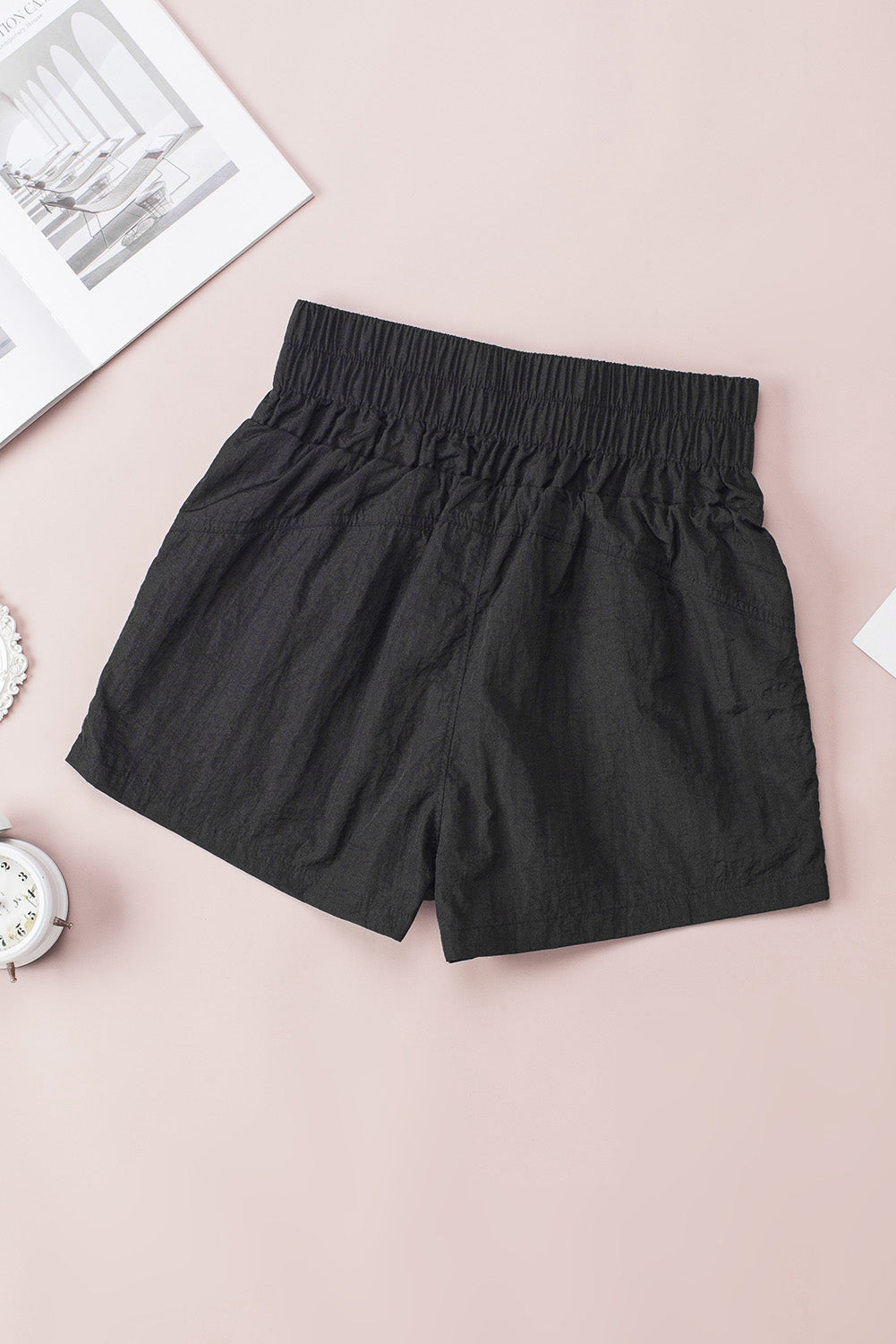 Black Elastic Side Pockets High Waist Shorts