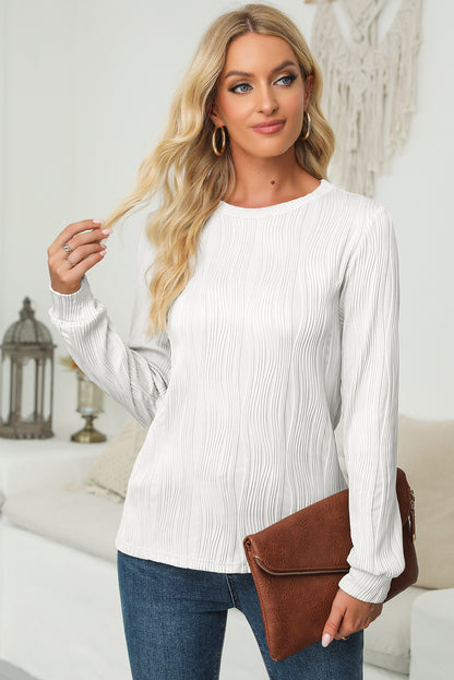 White Wavy Textured Solid Color Drop Shoulder Pullover Top