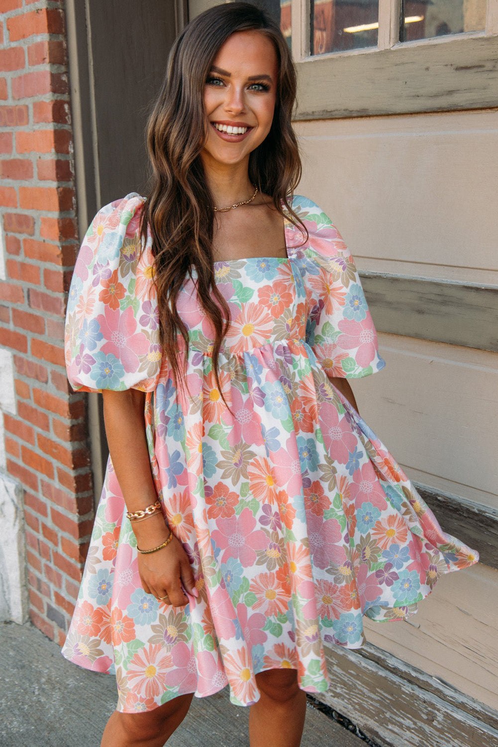 rose summer floral square neck puff sleeve babydoll dress