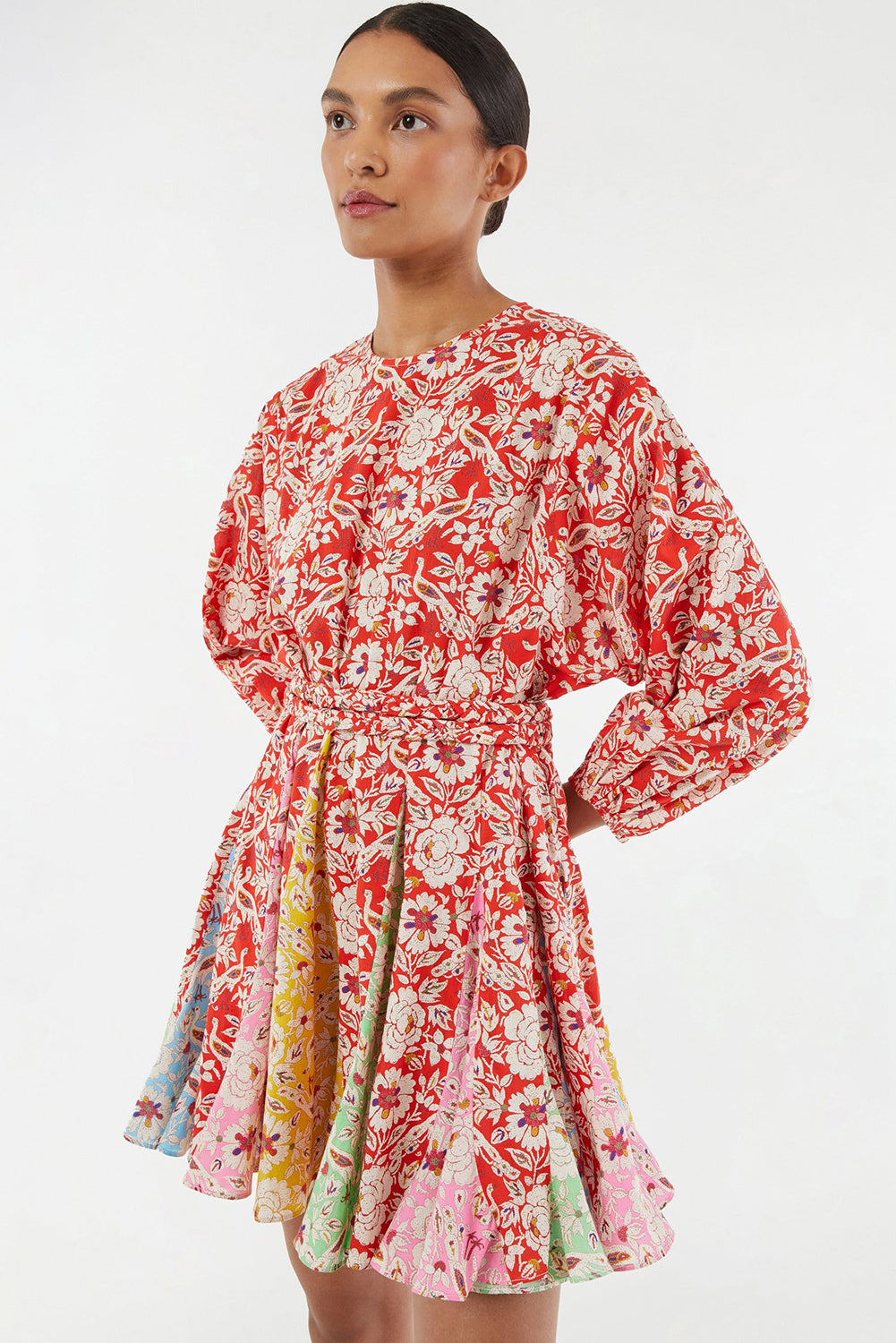 Red Boho Floral Patchwork Long Sleeve Pleated Dress