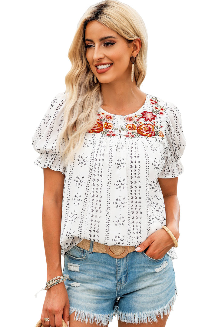 White Floral Embroidered Printed Crinkle Blouse