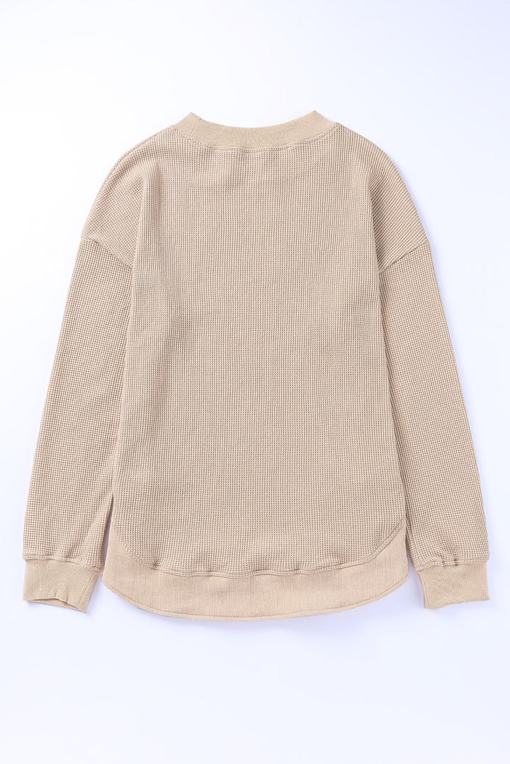 Apricot Crew Neck Ribbed Trim Waffle Knit Long Sleeve Top