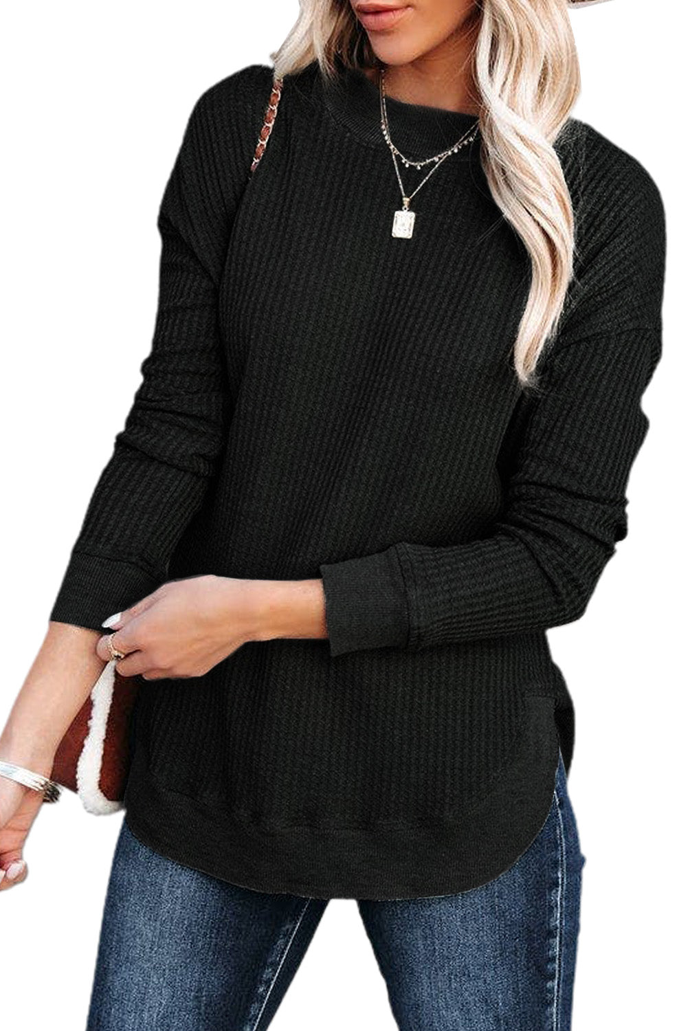 Apricot Crew Neck Ribbed Trim Waffle Knit Long Sleeve Top