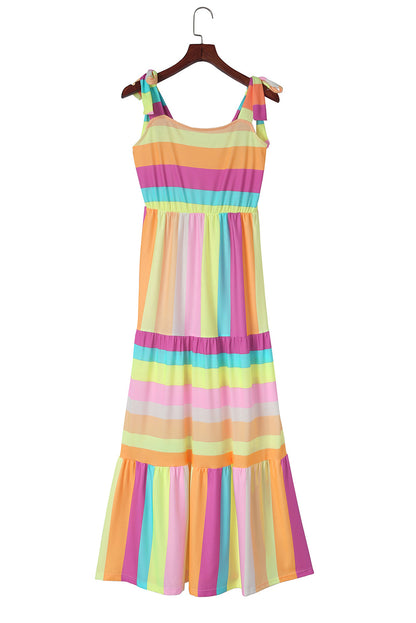 Multicolor Striped Print Bow Knot Straps Sleeveless Maxi Dress