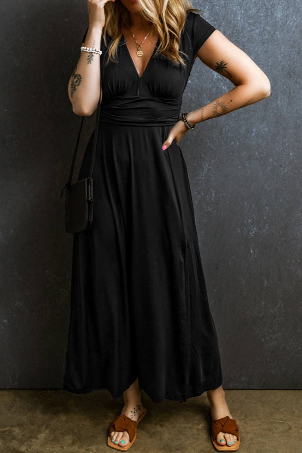 Neck Ruched High Waist Maxi Dress