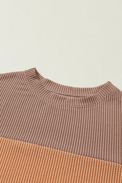 Khaki Color Block Ribbed Loose Long Sleeve Top