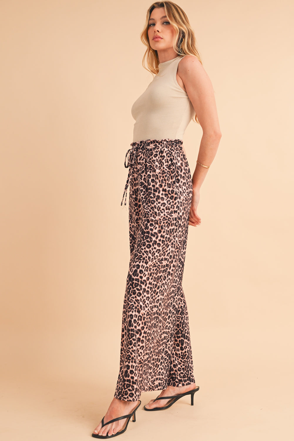 Beige Boho Leopard Print Wide Leg Pants