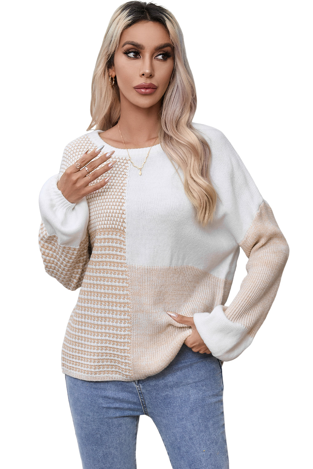 Oatmeal Mixed Pattern Knit Drop Shoulder Reversible Sweater