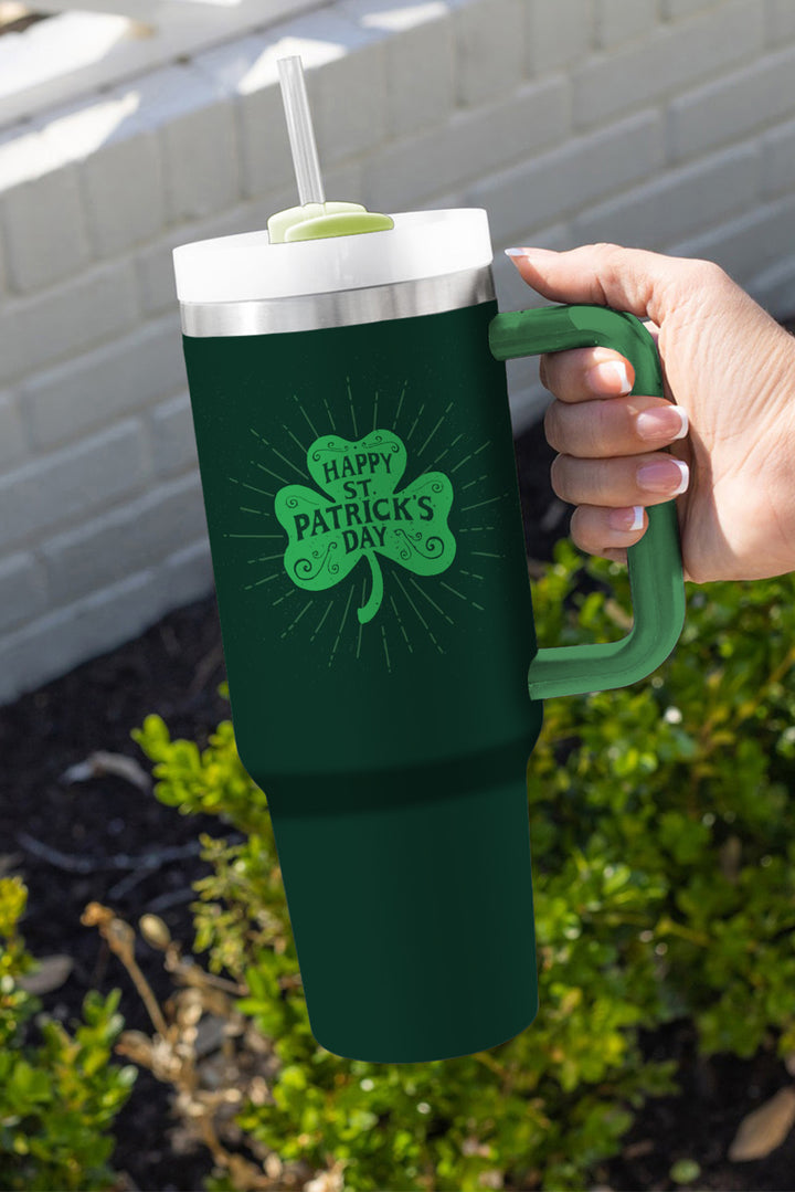 Dark Green Clover Print Stainless Tumbler with Straw & Lid