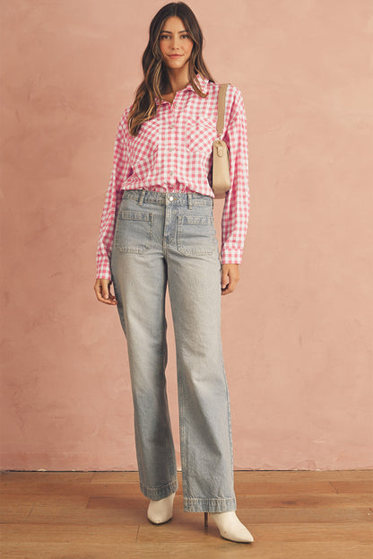 Pink Gingham Print Chest Pockets Buttoned Shirt