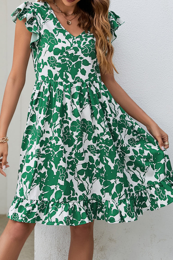 Green Leaf Print V Neck Fly Sleeve Midi Dress