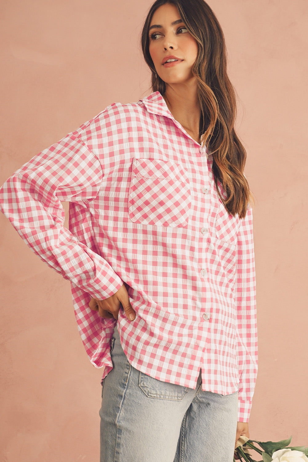 Pink Gingham Print Chest Pockets Buttoned Shirt