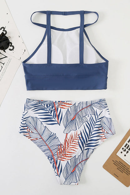 Tropical Print Back Split Color Block High Waisted Swimsuit