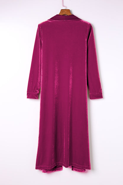 Rose Red Velvet Elegant Pocket Open Front Long Cardigan