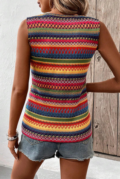 Purple Ethnic Wavy Pattern Round Neck Sleeveless Top