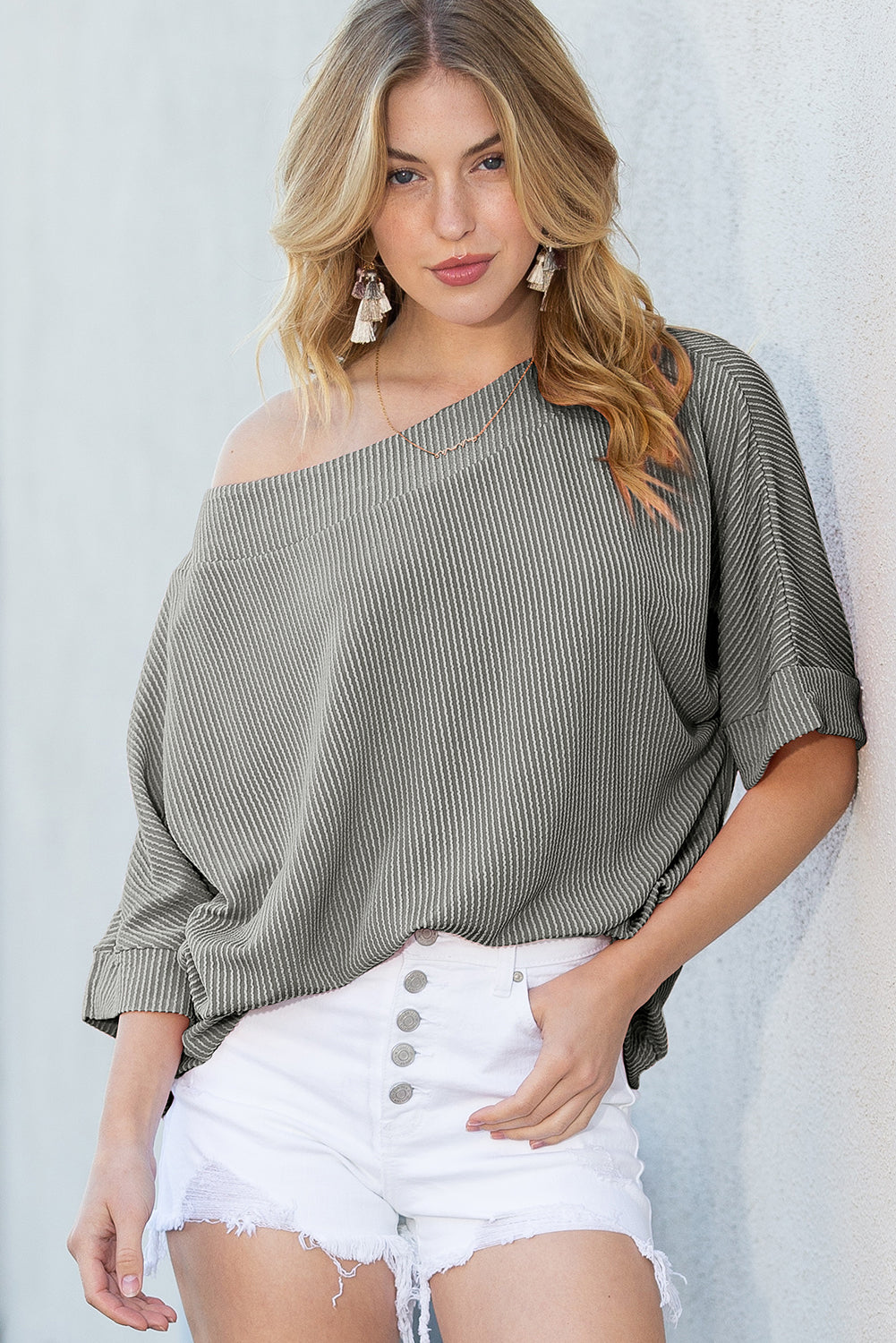 Apricot Boatneck Batwing Sleeve Cording Top