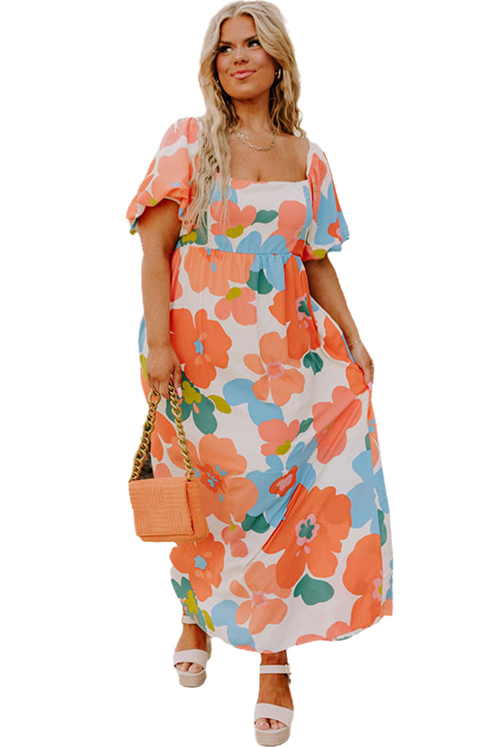 Orange Plus Size Floral Print Square Neck Maxi Dress