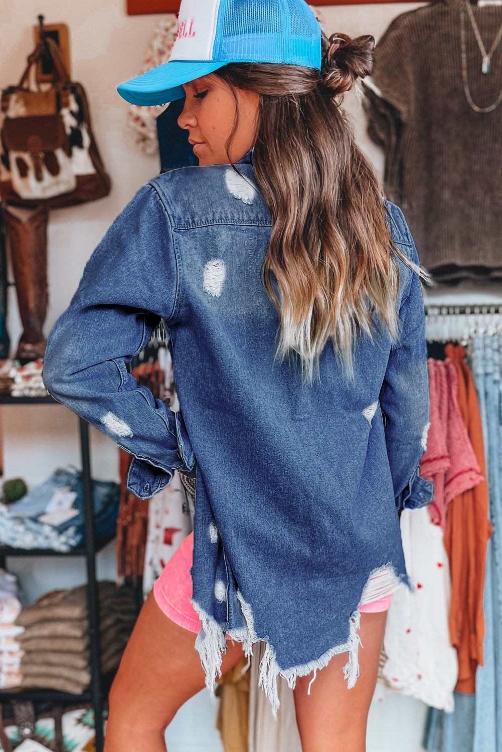 Beau Blue Light Wash Distressed Frayed Long Denim Jacket