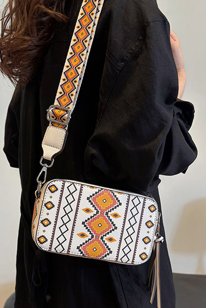 White Geometric Print PU Leather Square Single Shoulder Bag