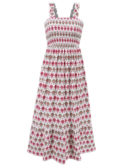 Smocked Printed Square Neck Sleeveless Dress