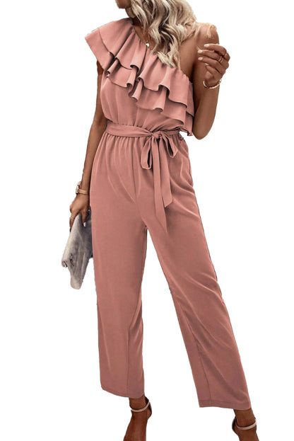 Dusty Pink Asymmetric Shoulder Ruffle Trim Belted Jumpsuit