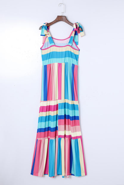 Multicolor Striped Print Bow Knot Straps Sleeveless Maxi Dress