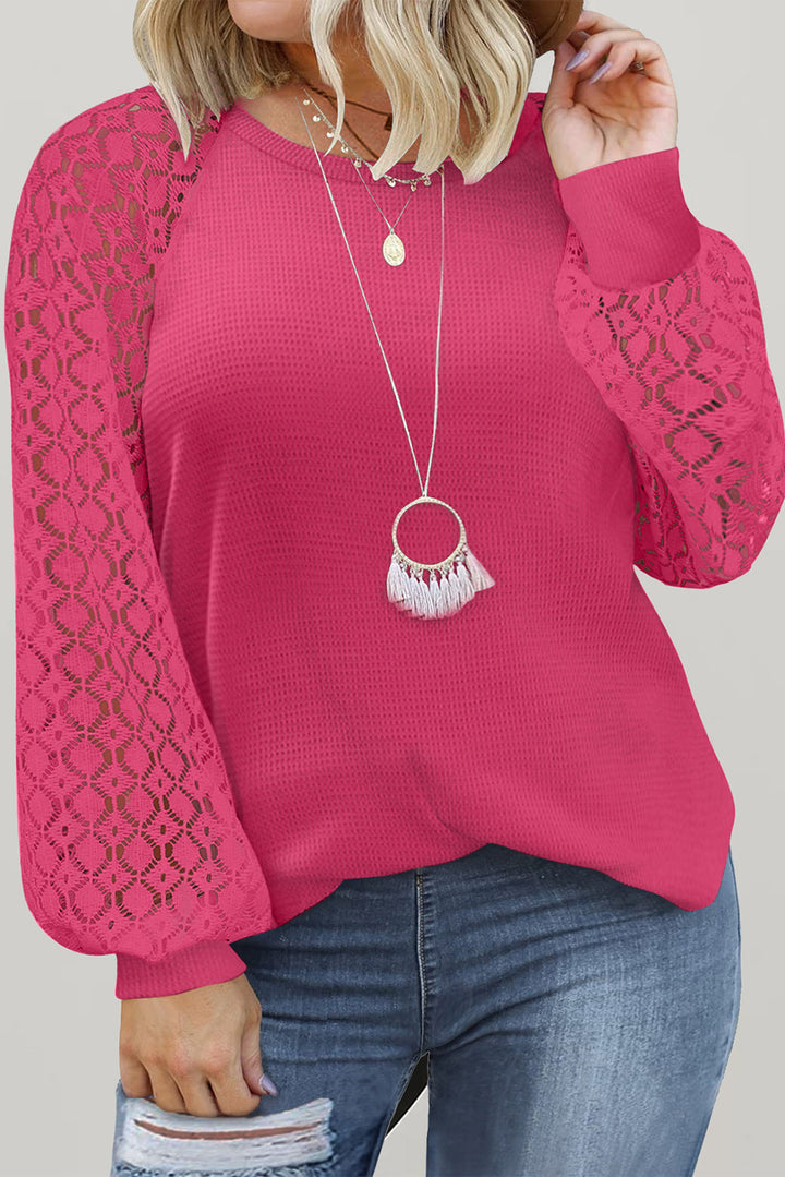 Red Contrast Lace Sleeve Waffle Knit Top