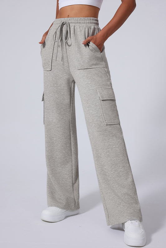 Light Grey Multi Pockets Lace Up High Waist Wide Leg Workout Pants