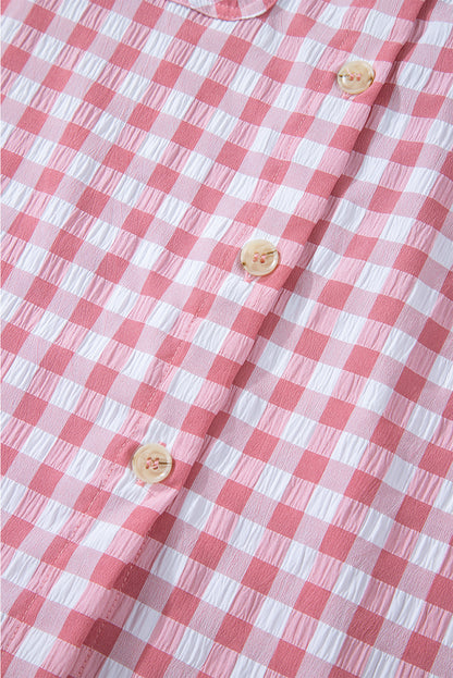 Pink Gingham Print Chest Pockets Buttoned Shirt