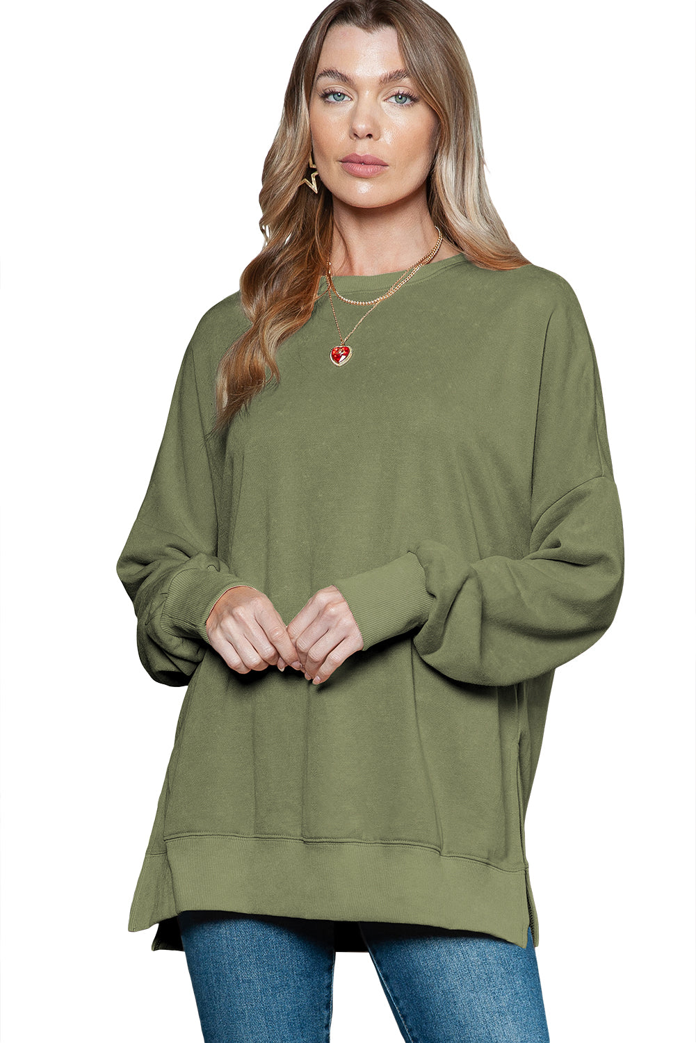 Green Plain Drop Shoulder Ribbed Trim Oversized Sweatshirt