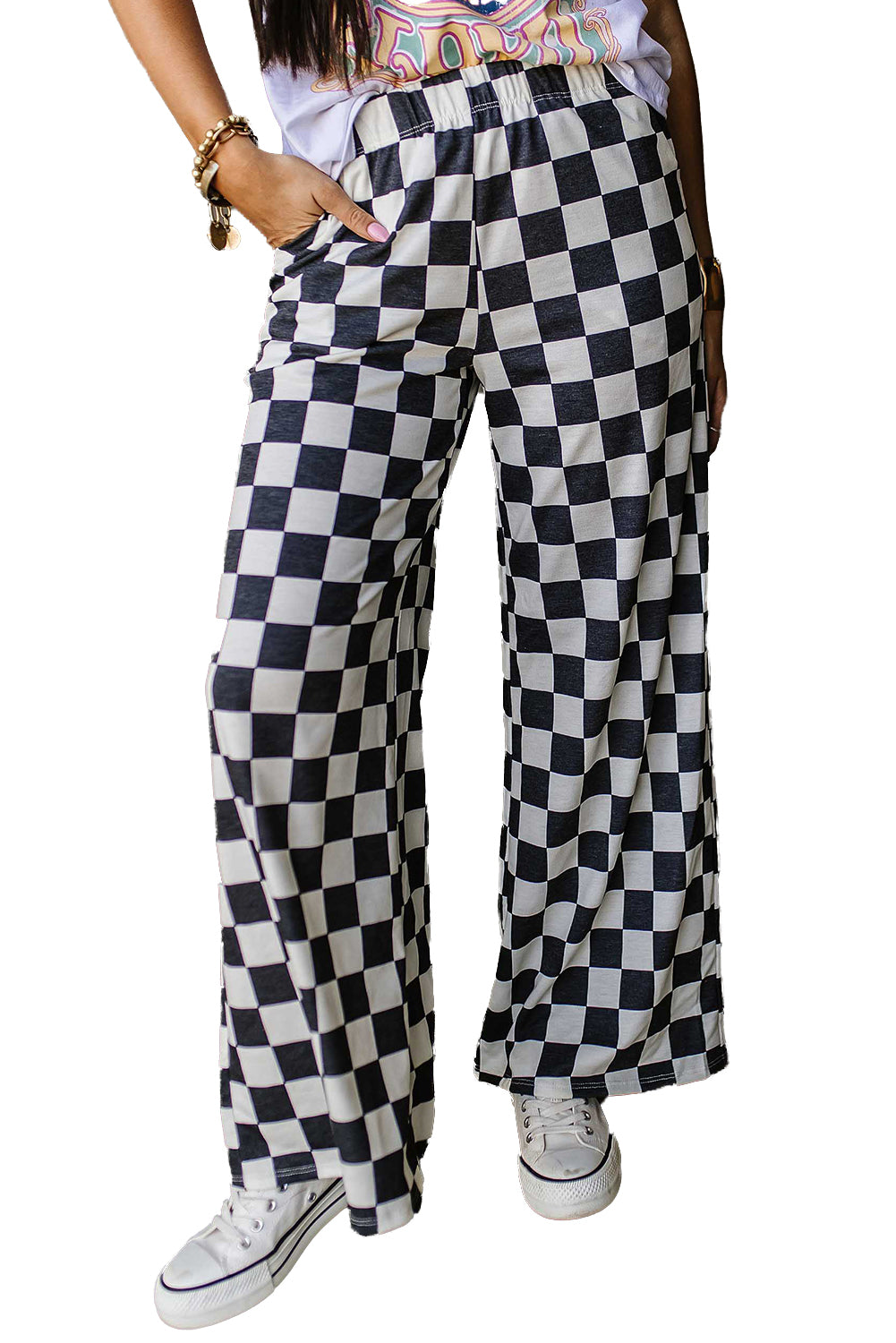 Green Checkered Print High Waist Wide Leg Pants