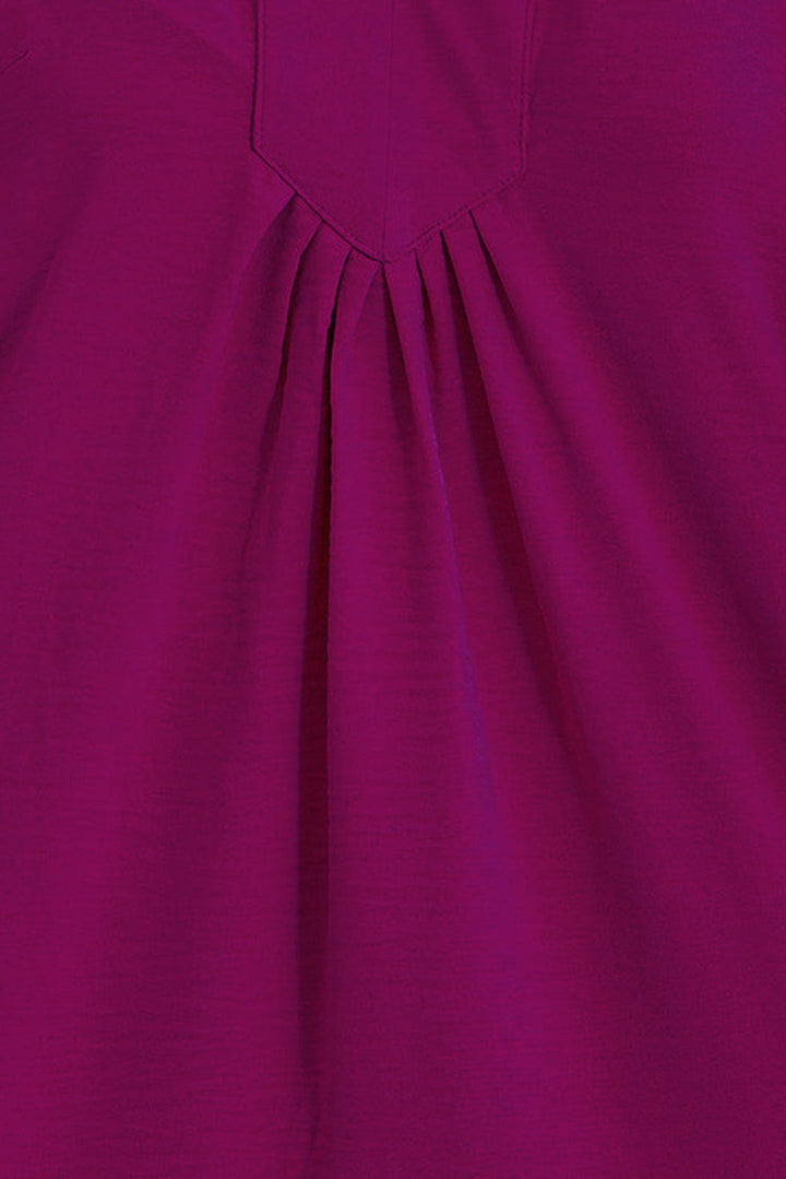 Rose Red Notched Neck Wide Sleeve Pleated