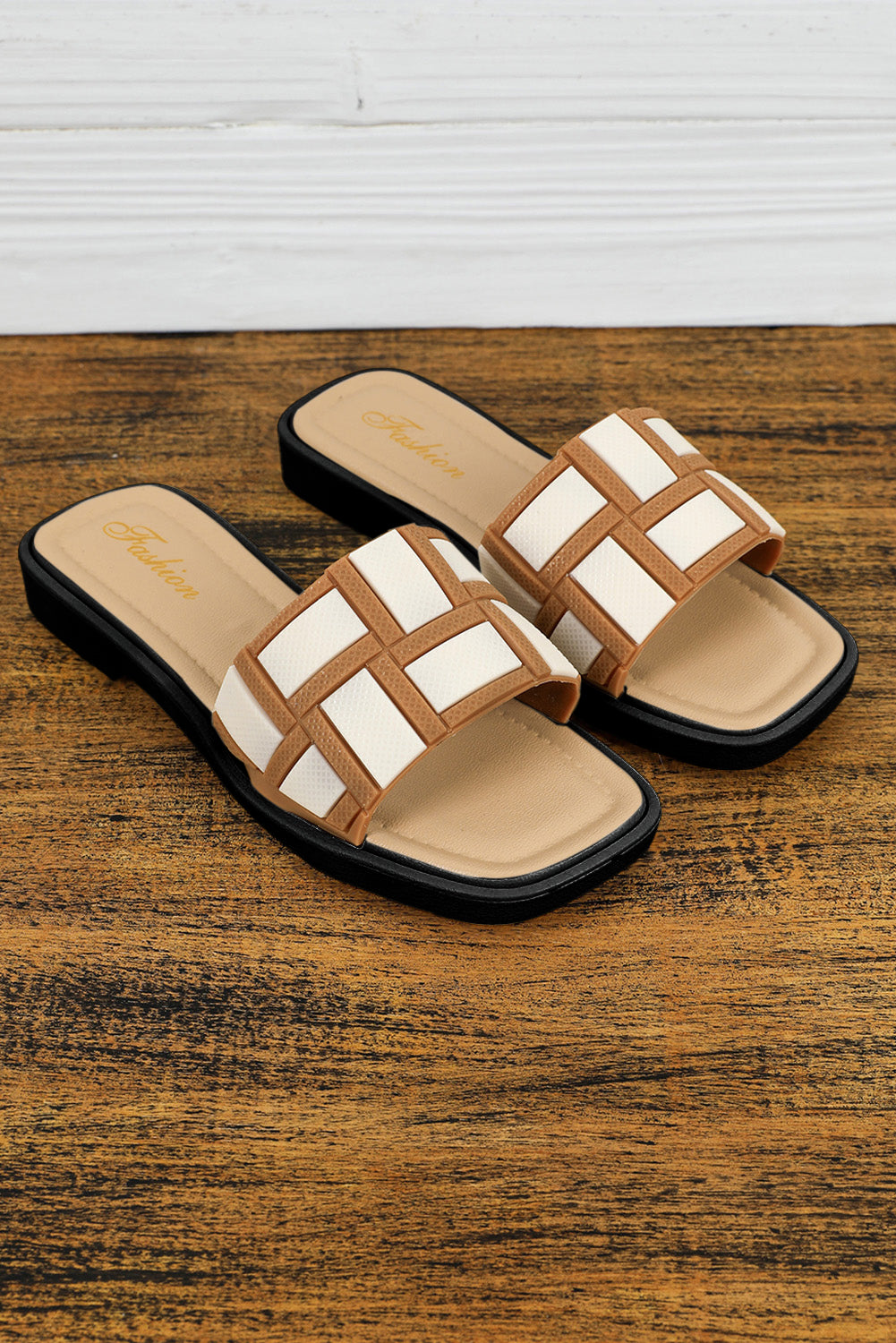 Beige Contrast PU Leather Square Toe Slides Shoes