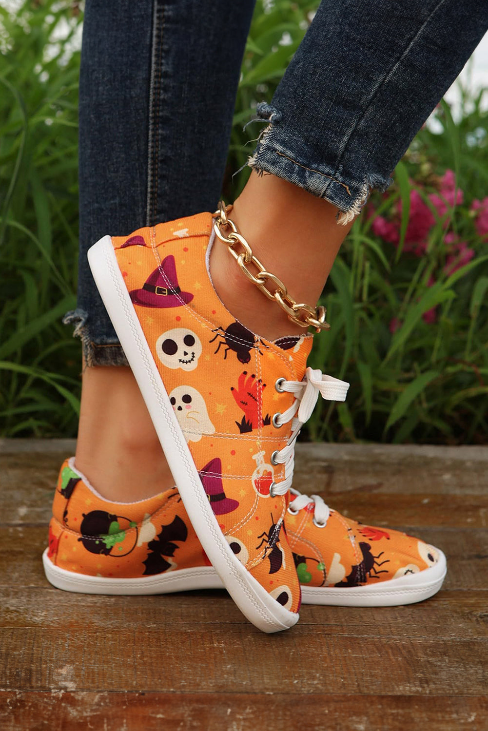 Orange Halloween Pumpkin Spider Ghost Print Sneakers