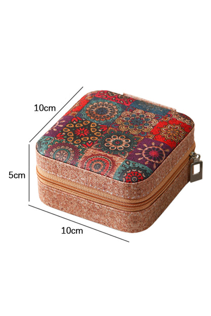 Light French Beige Retro Floral Print Portable Square Jewelry Box