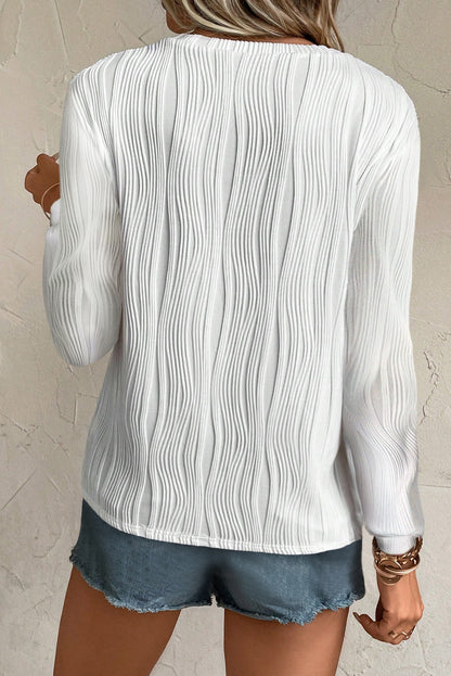 White Wavy Textured Solid Color Drop Shoulder Pullover Top