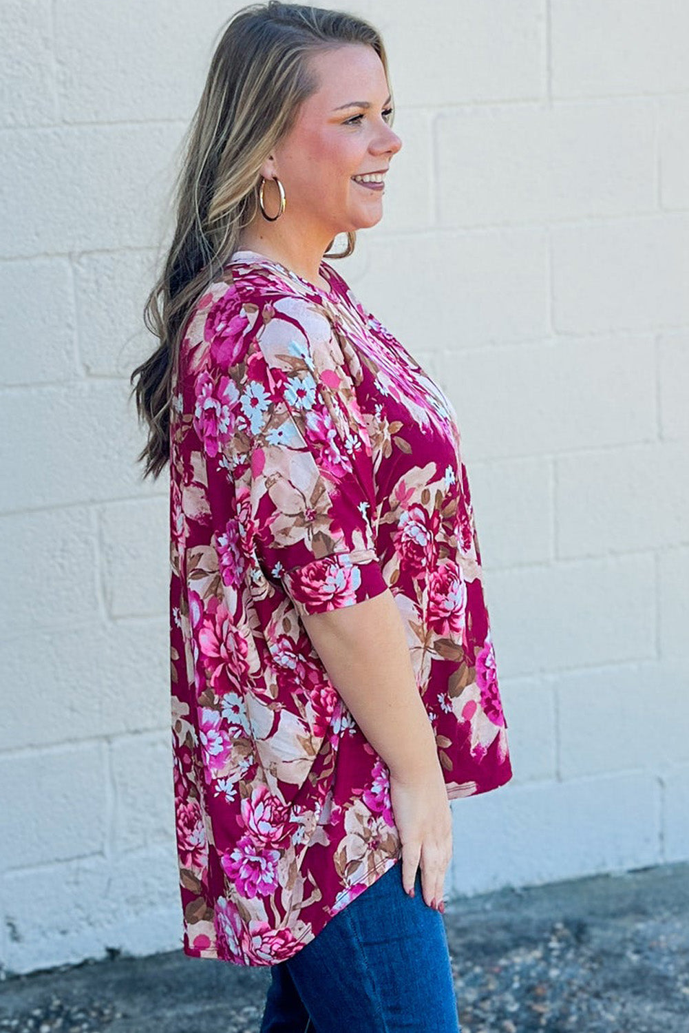 Red Floral Print Half Sleeve Blouse