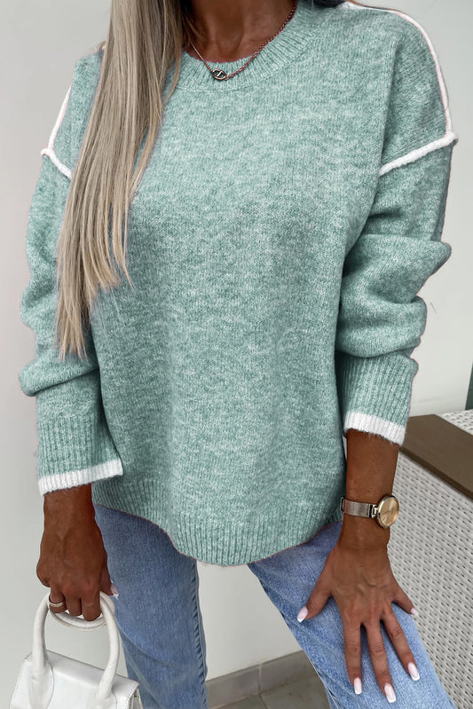 Moonlight Jade Contrast Edge Crewneck Knit Sweater