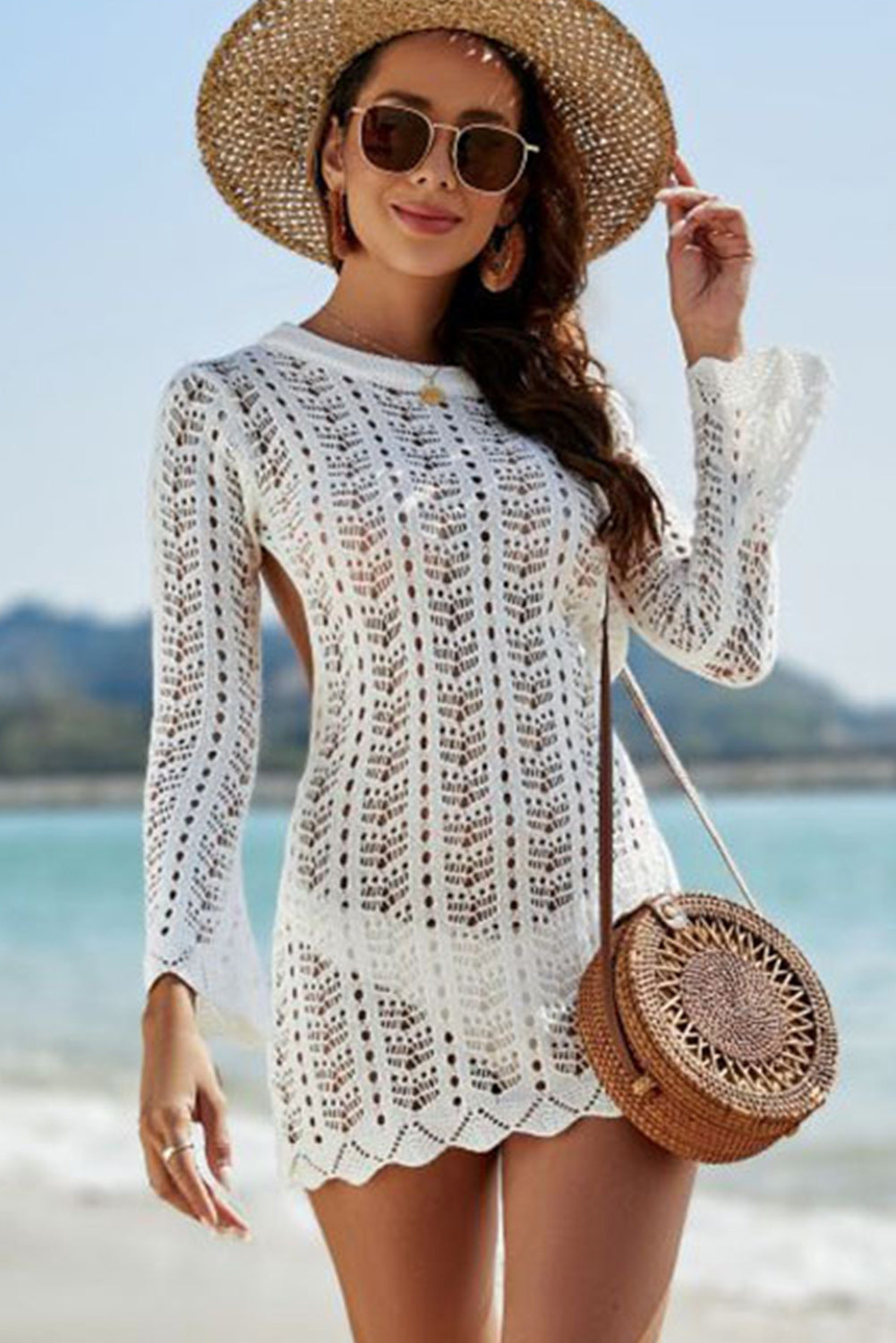 White Hollowed Backless Long Sleeve Beach Cover Up