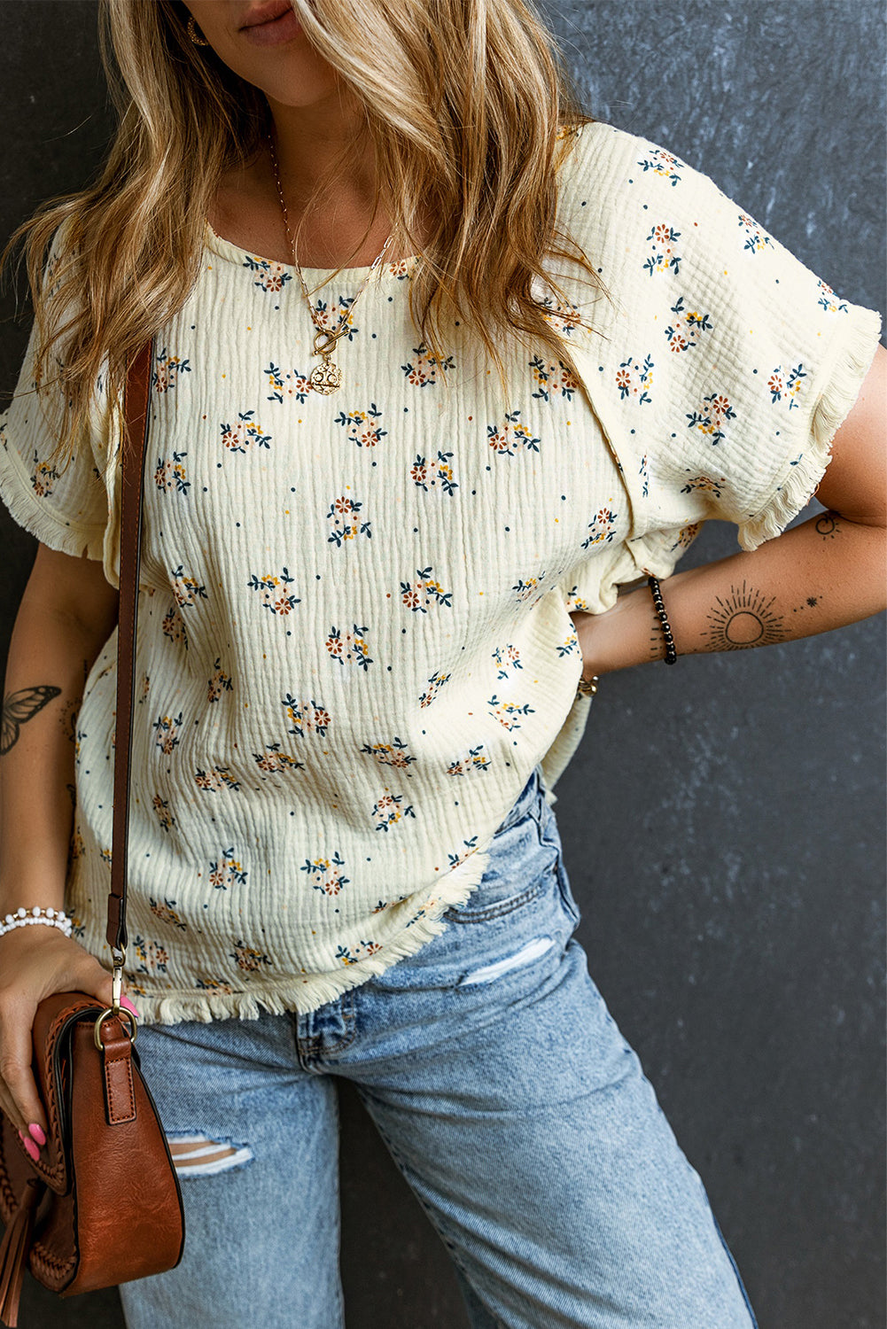 Beige Ditsy Floral Print Fringe Trim Crinkled Top