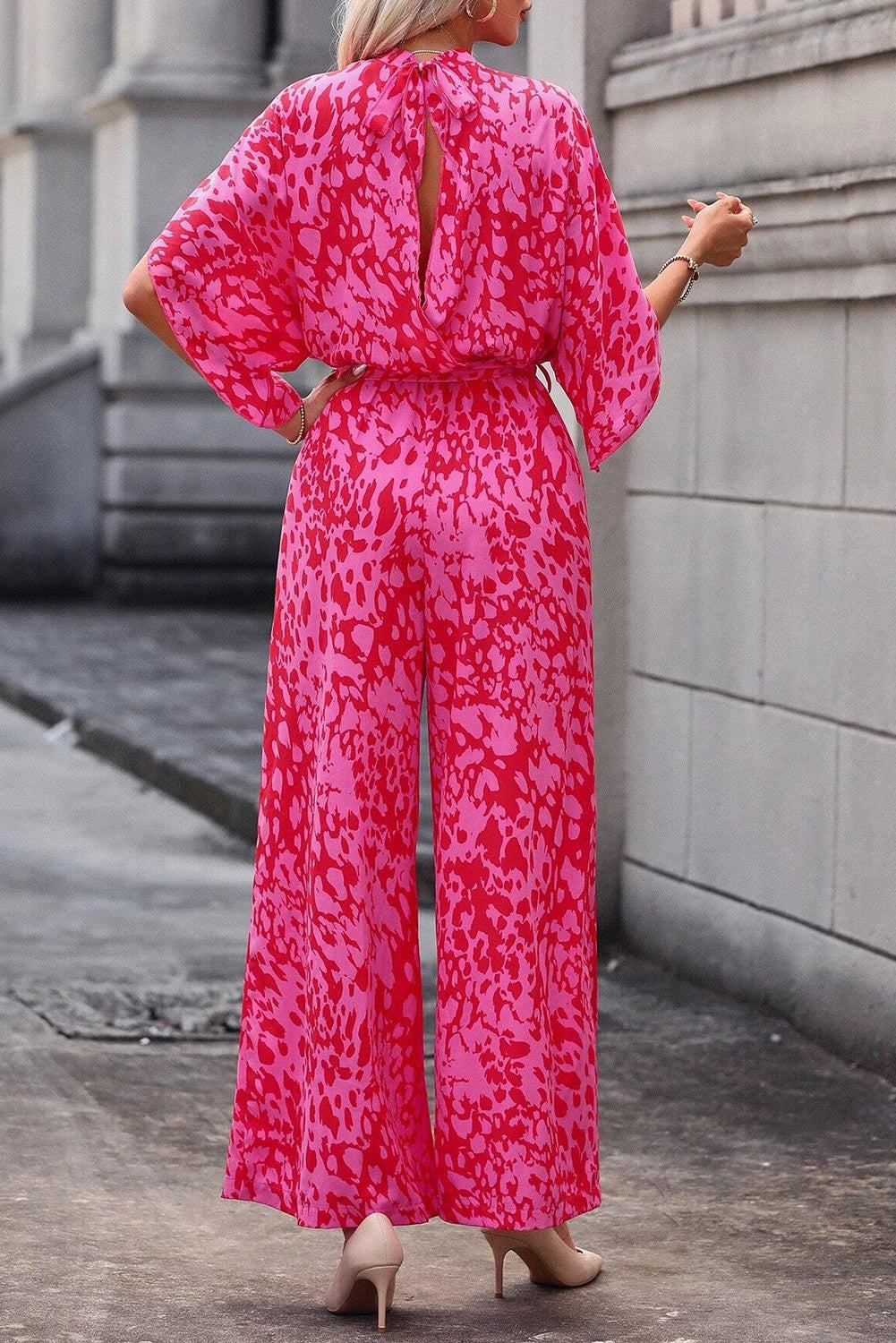 Rose Leopard Print Flounce Sleeve Belted Wide Leg Jumpsuit