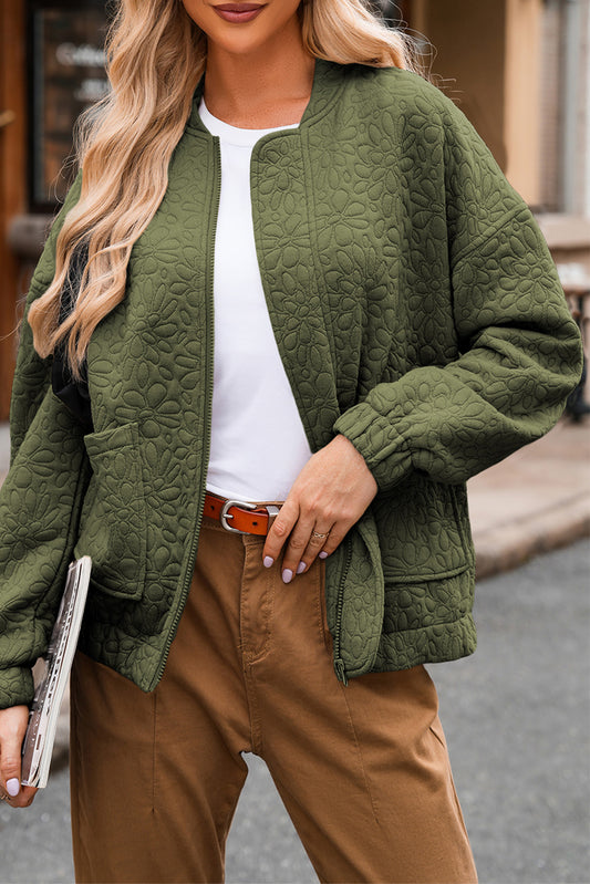 Jungle Green Plain Floral Embossed Zip Up Jacket