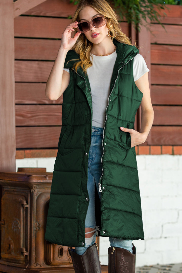 Green Hooded Pocketed Quilted Long Vest Coat
