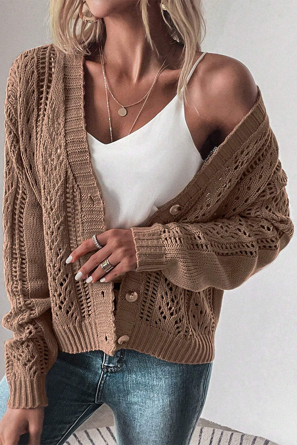 Dark Khaki Hollow Knit Drop Shoulder Cardigan