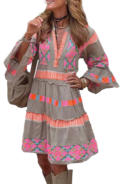 Simply Taupe Ethnic Geometric Print Ruffle Mini Dress