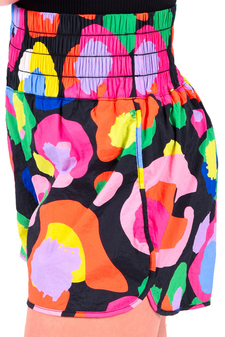 Black Colorful Leopard Print Sports Smocked High Waist Shorts