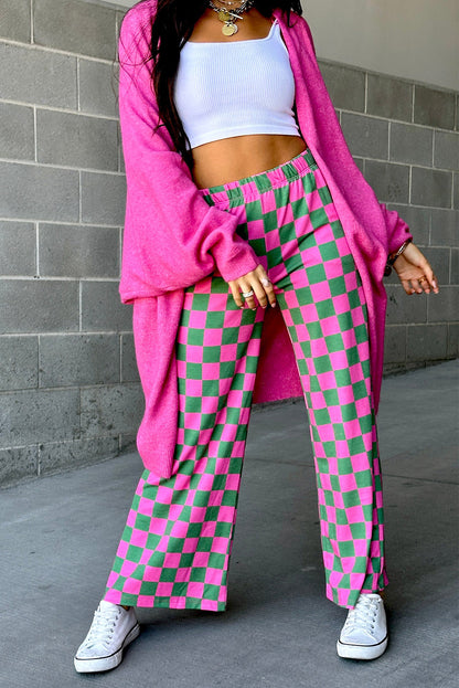 Green Checkered Print High Waist Wide Leg Pants