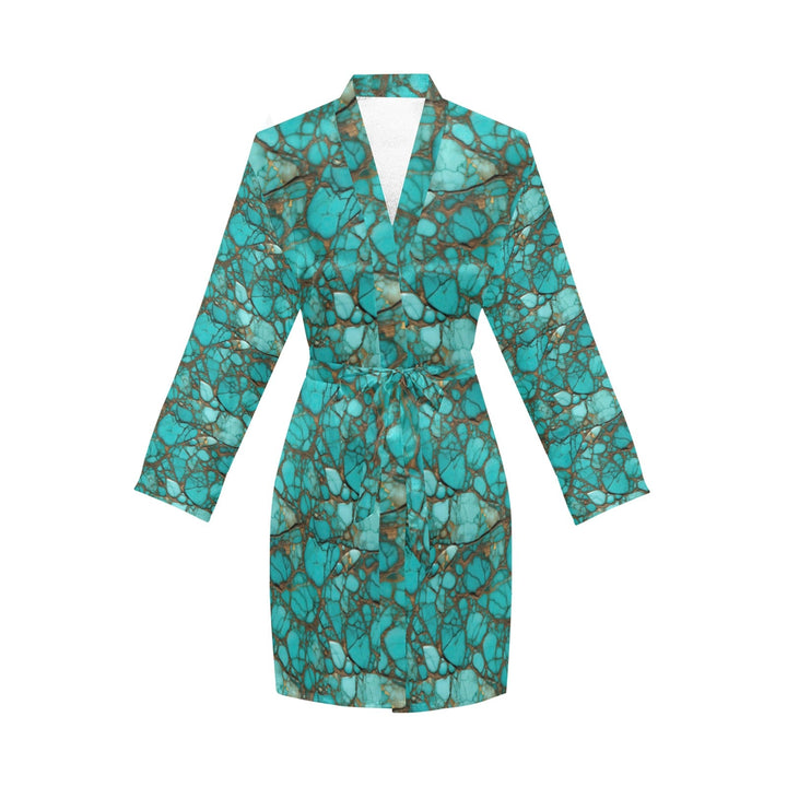 All Turquoise Women's Long Sleeve Belted Satin Feel Dressing Lounge Robe